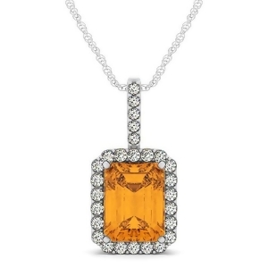 Diamond and Emerald Cut Citrine Halo Pendant Necklace 14k White Gold 4.25ct - All