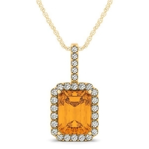 Diamond and Emerald Cut Citrine Halo Pendant Necklace 14k Yellow Gold 4.25ct - All