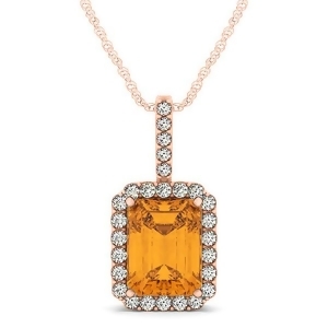 Diamond and Emerald Cut Citrine Halo Pendant Necklace 14k Rose Gold 4.25ct - All