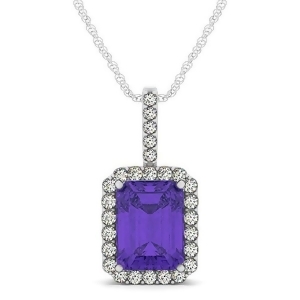 Diamond and Emerald Cut Tanzanite Halo Pendant Necklace 14k White Gold 4.25ct - All