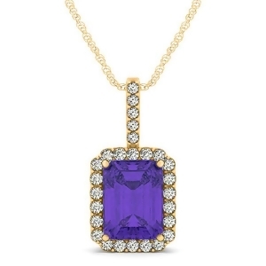 Diamond and Emerald Cut Tanzanite Halo Pendant Necklace 14k Yellow Gold 4.25ct - All