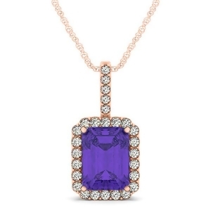 Diamond and Emerald Cut Tanzanite Halo Pendant Necklace 14k Rose Gold 4.25ct - All