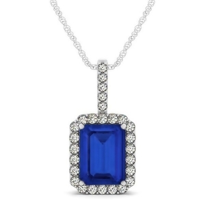 Diamond and Emerald Cut Blue Sapphire Halo Pendant Necklace 14k White Gold 4.25ct - All