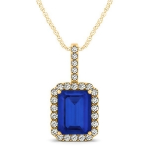 Diamond and Emerald Cut Blue Sapphire Halo Pendant Necklace 14k Yellow Gold 4.25ct - All