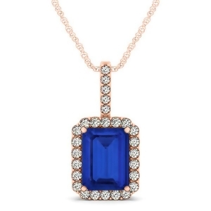 Diamond and Emerald Cut Blue Sapphire Halo Pendant Necklace 14k Rose Gold 4.25ct - All