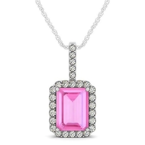 Diamond and Emerald Cut Pink Sapphire Halo Pendant Necklace 14k White Gold 4.25ct - All