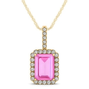 Diamond and Emerald Cut Pink Sapphire Halo Pendant Necklace 14k Yellow Gold 4.25ct - All