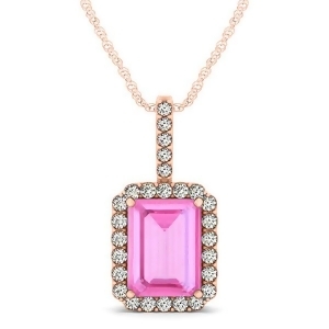 Diamond and Emerald Cut Pink Sapphire Halo Pendant Necklace 14k Rose Gold 4.25ct - All