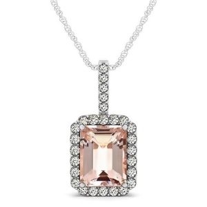 Diamond and Emerald Cut Morganite Halo Pendant Necklace 14k White Gold 4.25ct - All