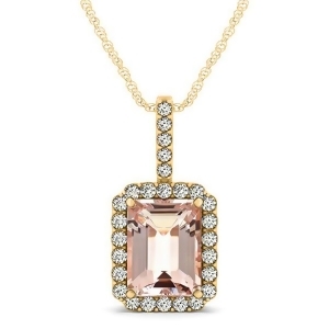 Diamond and Emerald Cut Morganite Halo Pendant Necklace 14k Yellow Gold 4.25ct - All