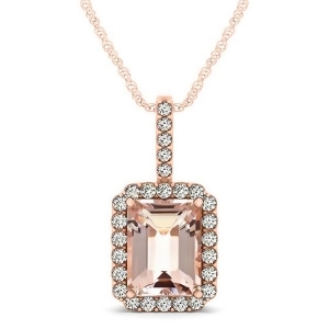 Diamond and Emerald Cut Morganite Halo Pendant Necklace 14k Rose Gold 4.25ct - All