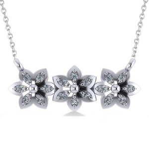 Triple Flower Diamond Pendant Necklace 14k White Gold 0.18ct - All