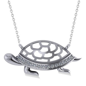 Turtle Diamond Accented Pendant Necklace 14k White Gold 0.14ct - All