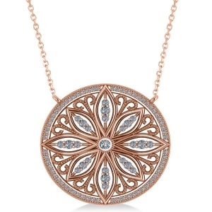 Antique Style Flower Diamond Pendant Necklace 14k Rose Gold 0.77ct - All