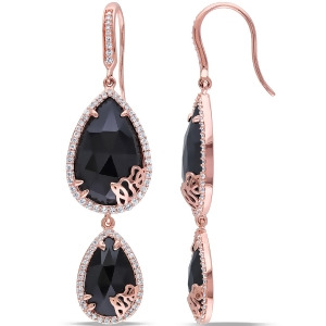 Pear Black Onyx and Diamond Dangle Earrings Pink Sterling Silver 17.95ct - All