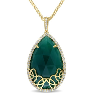 Pear Green Onyx and Diamond Necklace Yellow Sterling Silver 24.73ct - All