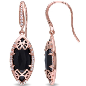 Marquise Black Onyx and Diamond Earrings Pink Sterling Silver 6.45ct - All