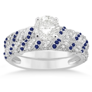 Blue Sapphire and Diamond Swirl Bridal Set 14k White Gold 0.41ct - All