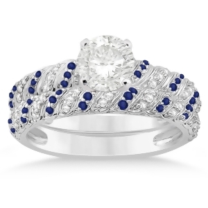 Blue Sapphire and Diamond Swirl Bridal Set Setting Platinum 0.41ct - All