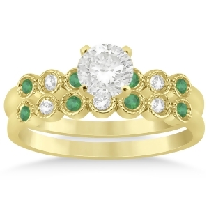 Emerald and Diamond Bezel Set Bridal Set 14k Yellow Gold 0.19ct - All