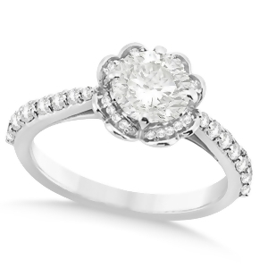 Round Floral Halo Diamond Engagement Ring 14k White Gold 1.38ct - All