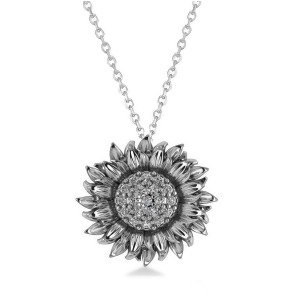 Sunflower Diamond Pendant Necklace 14k White Gold 0.19ct - All