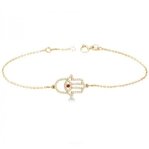 Diamond and Ruby Hamsa Evil Eye Chain Bracelet 14k Yellow Gold 0.51ct - All