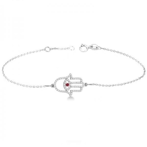 Diamond and Ruby Hamsa Evil Eye Chain Bracelet 14k White Gold 0.51ct - All