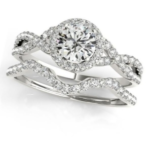 Twisted Round Diamond Engagement Ring Bridal Set 18k White Gold 1.57ct - All