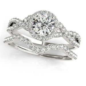 Twisted Round Diamond Engagement Ring Bridal Set 14k White Gold 0.57ct - All