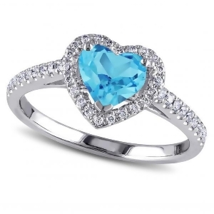 Heart Shaped Blue Topaz and Diamond Halo Engagement Ring 14k White Gold 1.50ct - All
