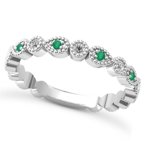 Alternating Diamond and Emerald Wedding Band 14k White Gold 0.21ct - All