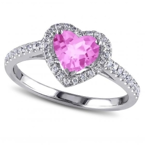 Heart Shaped Pink Sapphire and Diamond Halo Engagement Ring 14k White Gold 1.50ct - All