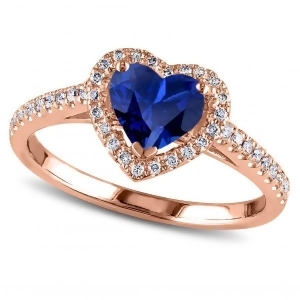 Heart Shaped Blue Sapphire and Diamond Halo Engagement Ring 14k Rose Gold 1.50ct - All