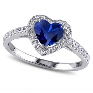 Heart Shaped Blue Sapphire and Diamond Halo Engagement Ring 14k White Gold 1.50ct - All