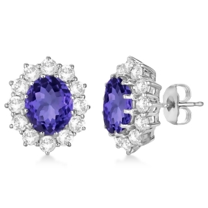 Oval Tanzanite and Diamond Lady Di Earrings 14k White Gold 7.10ctw - All
