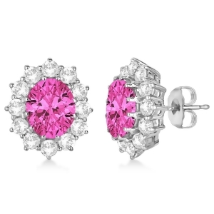 Oval Pink Tourmaline and Diamond Lady Di Earrings 14k White Gold 7.10ctw - All