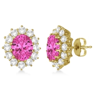 Oval Pink Tourmaline and Diamond Lady Di Earrings 14k Yellow Gold 7.10ctw - All