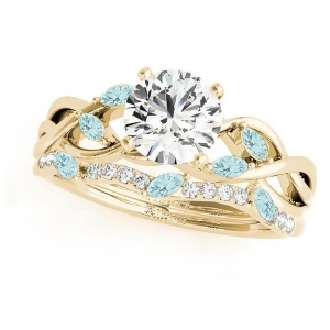 Twisted Round Aquamarines and Moissanites Bridal Sets 18k Yellow Gold 1.73ct - All