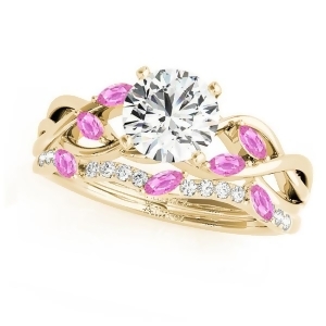 Twisted Round Pink Sapphires and Moissanites Bridal Sets 14k Yellow Gold 1.73ct - All