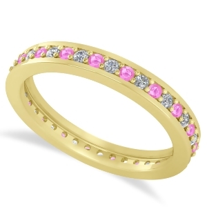 Diamond and Pink Sapphire Eternity Wedding Band 14k Yellow Gold 0.59ct - All