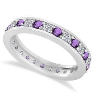 Diamond and Amethyst Eternity Wedding Band 14k White Gold 1.08ct - All