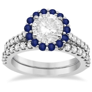Halo Diamond and Blue Sapphire Ring Bridal Set 14K White Gold 1.12ct - All