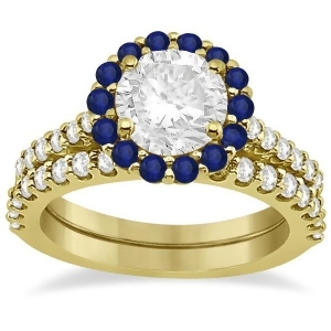 Halo Diamond and Blue Sapphire Ring Bridal Set 14K Yellow Gold 1.12ct - All