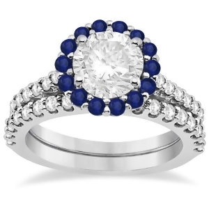 Halo Diamond and Blue Sapphire Ring Bridal Set Platinum 1.12ct - All