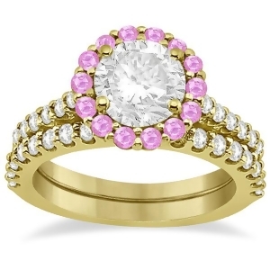 Halo Diamond and Pink Sapphire Bridal Ring Set 14K Yellow Gold 1.12ct - All