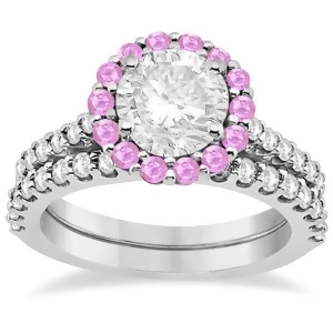 Halo Diamond and Pink Sapphire Bridal Ring Set 18K White Gold 1.12ct - All