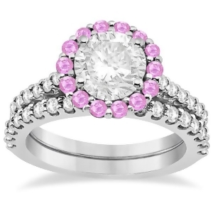 Halo Diamond and Pink Sapphire Bridal Ring Set Platinum 1.12ct - All