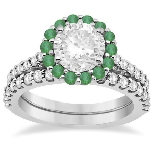 Halo Diamond and Emerald Bridal Engagement Ring Set 14K White Gold 1.12ct - All