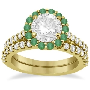 Halo Diamond and Emerald Bridal Engagement Ring Set 14K Yellow Gold 1.12ct - All